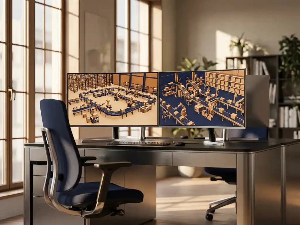 Dual monitors displaying 3D warehouse simulation models with conveyor systems at modern workstation with ergonomic chair and natural lighting