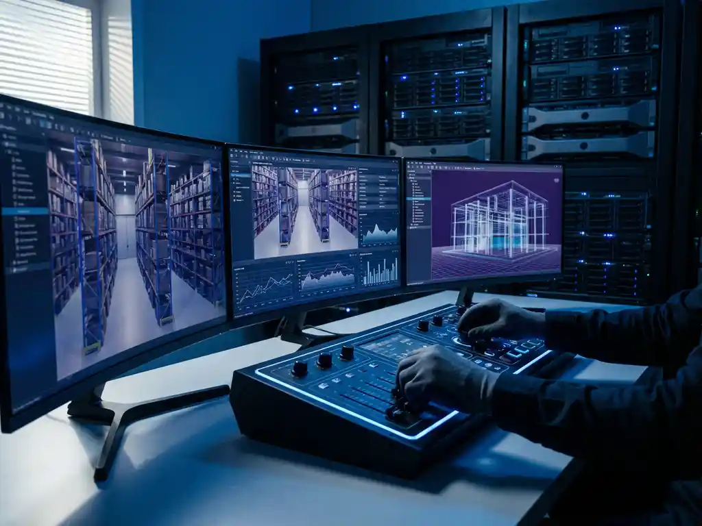 Engineer adjusting controls at multi-monitor workstation displaying 3D warehouse simulation models with server hardware in background