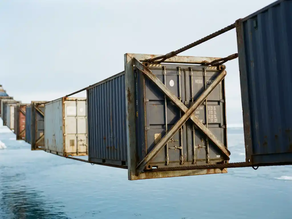 Aerial view of cargo shipping containers linked as a chain over calm arctic ocean, one central link reinforced with a steel brace.