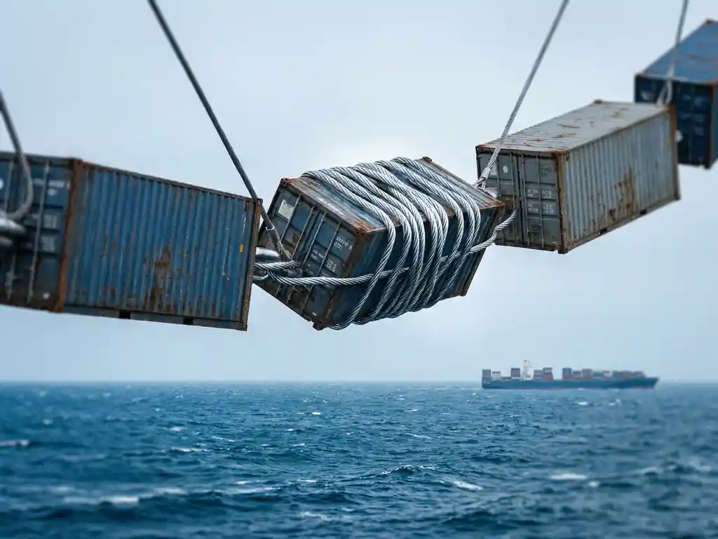 Chain of cargo containers suspended over ocean shipping route, one link reinforced with steel cable, muted navy tones, cinematic view.