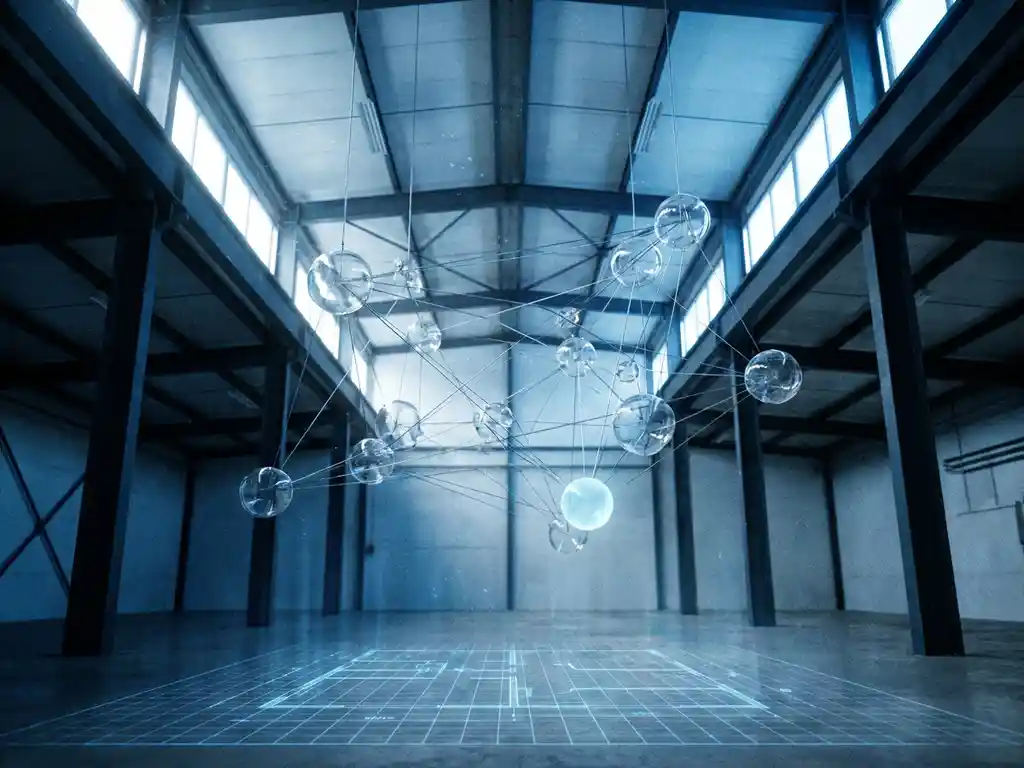 Fragile glass supply chain network of interconnected transparent spheres on steel cables, one node glowing ice-blue above a digital twin grid projection.