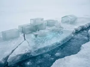 Cargo ship, shipping containers, and warehouse on cracked ice, symbolizing a fragile global supply chain network.