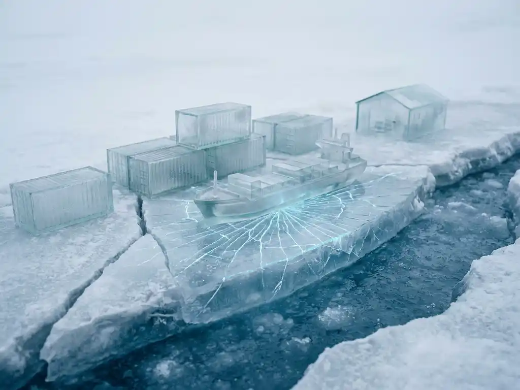 Cargo ship, shipping containers, and warehouse on cracked ice, symbolizing a fragile global supply chain network.