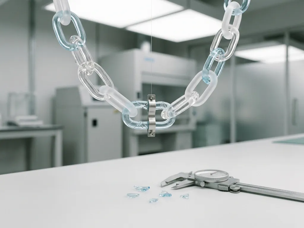 Fragile glass chain suspended mid-air, one cracked link stabilized by a metal brace, with measurement calipers resting on a white surface nearby.