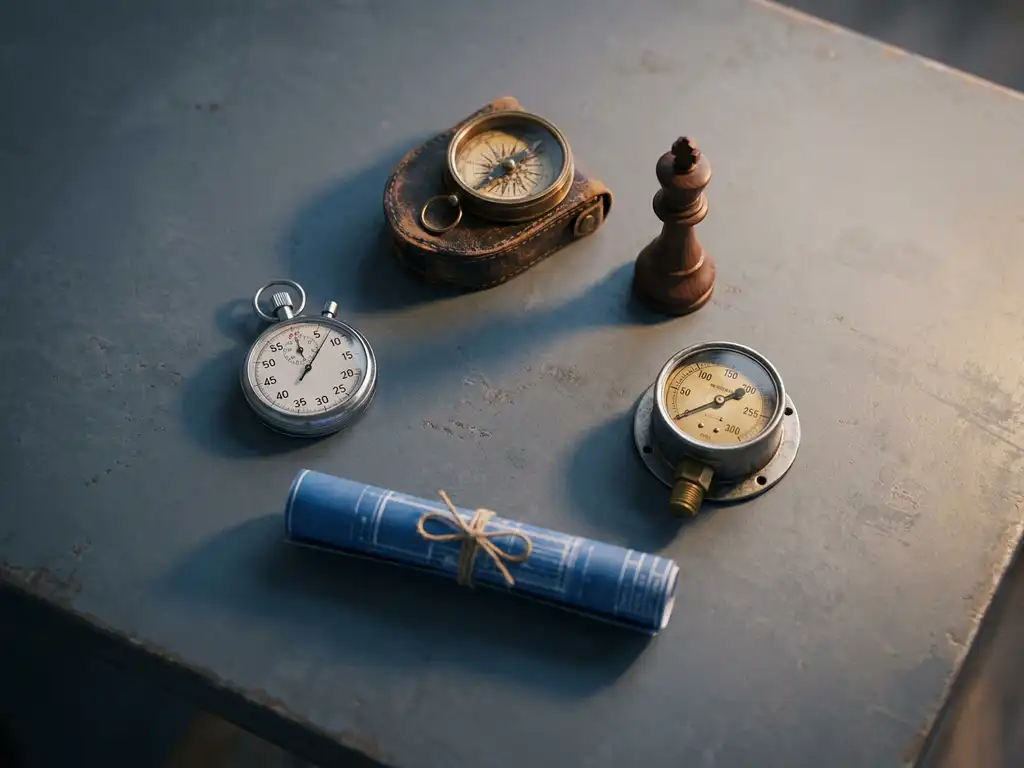 Five risk management tools — compass, chess piece, pressure gauge, blueprint roll, and stopwatch — arranged in a pentagon on a slate-gray desk.