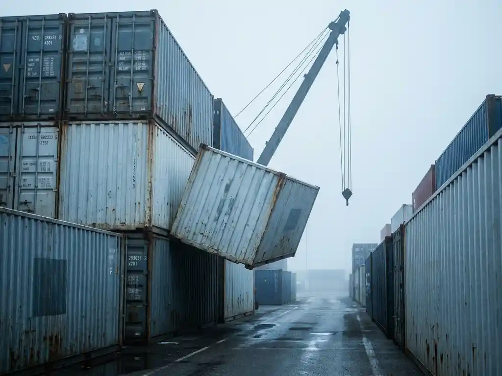 Misaligned cargo shipping containers blocking a logistics corridor at a foggy port, with a crane arm overhead at dawn.