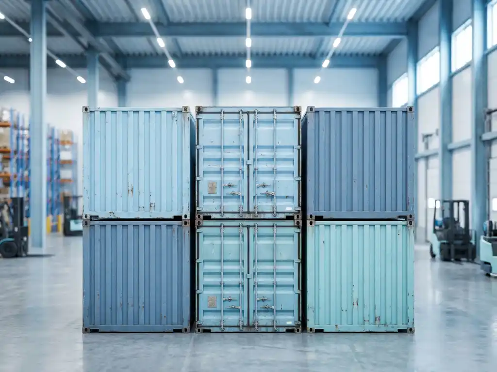 Six interconnected blue-toned shipping containers arranged in a cluster on a warehouse floor, lit by crisp overhead lighting.