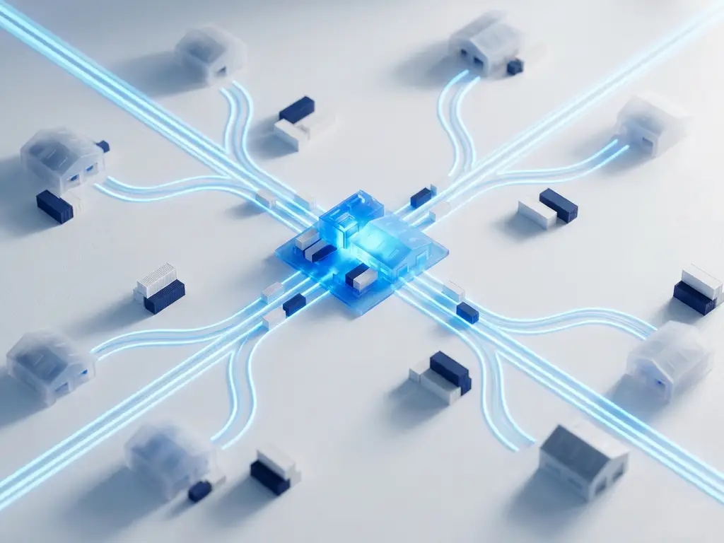 Glowing blue logistics network connecting miniature warehouse nodes and cargo containers, aerial view with central hub in sharp focus.