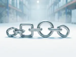 Steel chain with four oversized links resting on a white surface, soft studio lighting casting cool shadows in a misty warehouse backdrop.