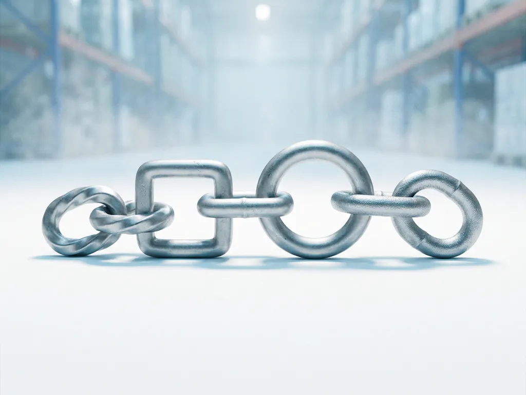 Steel chain with four oversized links resting on a white surface, soft studio lighting casting cool shadows in a misty warehouse backdrop.