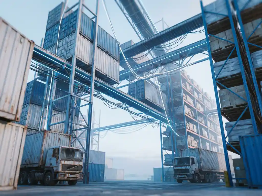 Vast logistics hub at dawn with stacked shipping containers, cargo trucks, and warehouse shelves connected by flowing supply chain lines in cool blue morning mist.