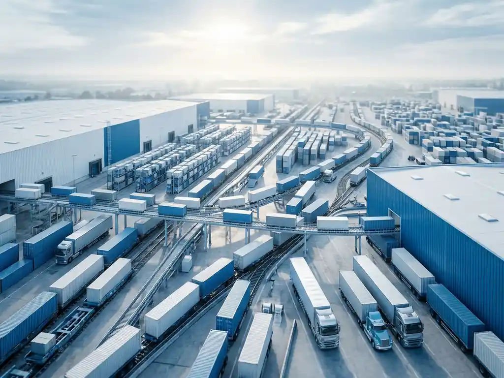 Interconnected supply chain network of shipping containers, warehouse shelves, and cargo vehicles at a vast logistics hub in early morning light.