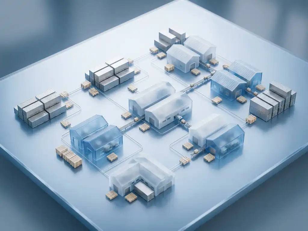 Miniature supply chain network with warehouses, shipping containers, and cargo pallets arranged on a reflective surface in cool blue and white tones.