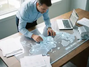Supply chain planner analyzing a logistics network map on a desk with documents, laptop, and miniature warehouse model.