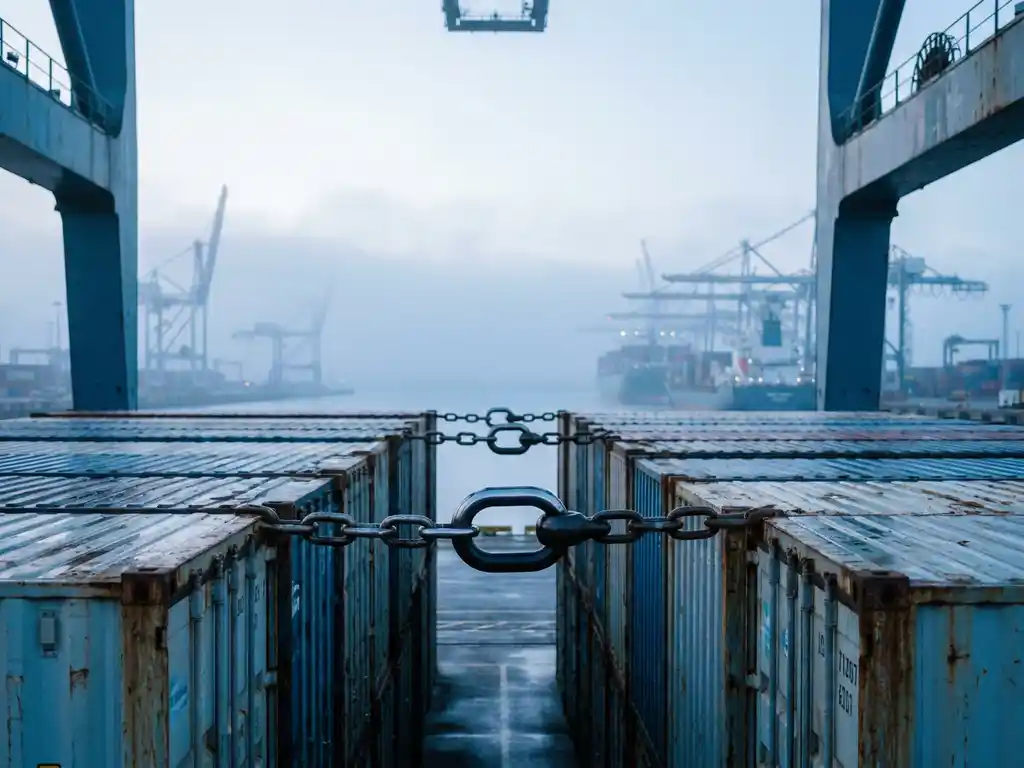 Reinforced steel link standing out among fragile cargo container chain at a misty industrial port at dawn.