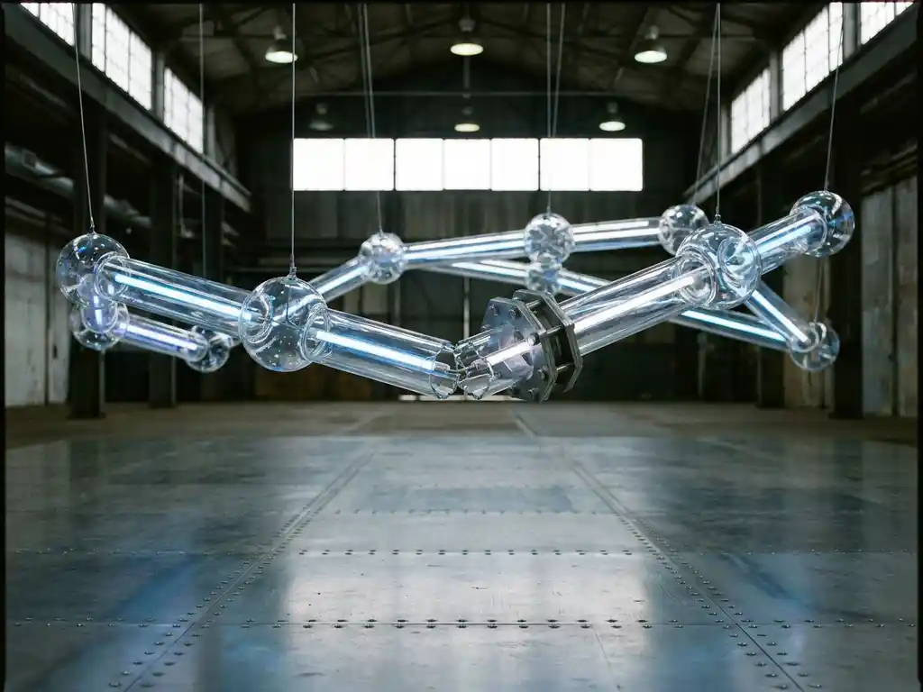 Fragile glass supply chain network suspended above a steel warehouse floor, with one shattered node repaired using reinforced steel bracing.