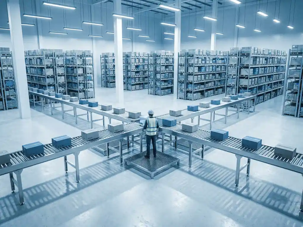 Four conveyor belt lines converging at a central dispatch point in a supply chain warehouse, with a logistics worker observing operations under industrial lighting.