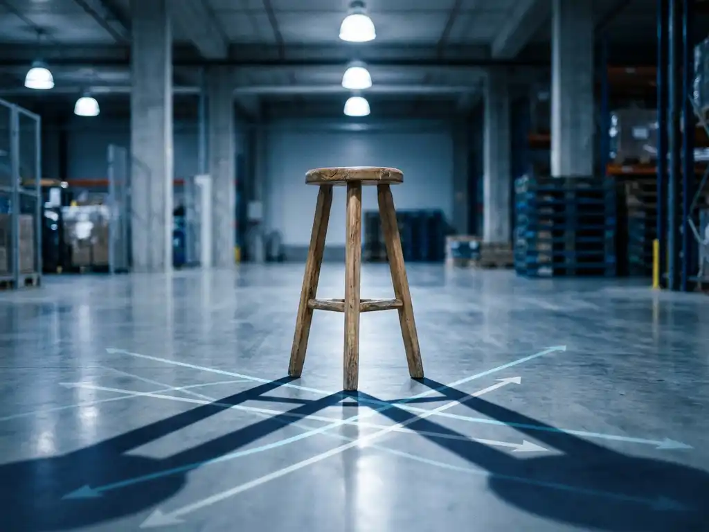Three-legged wooden stool balanced on a polished warehouse floor with supply chain flow lines etched into the concrete.