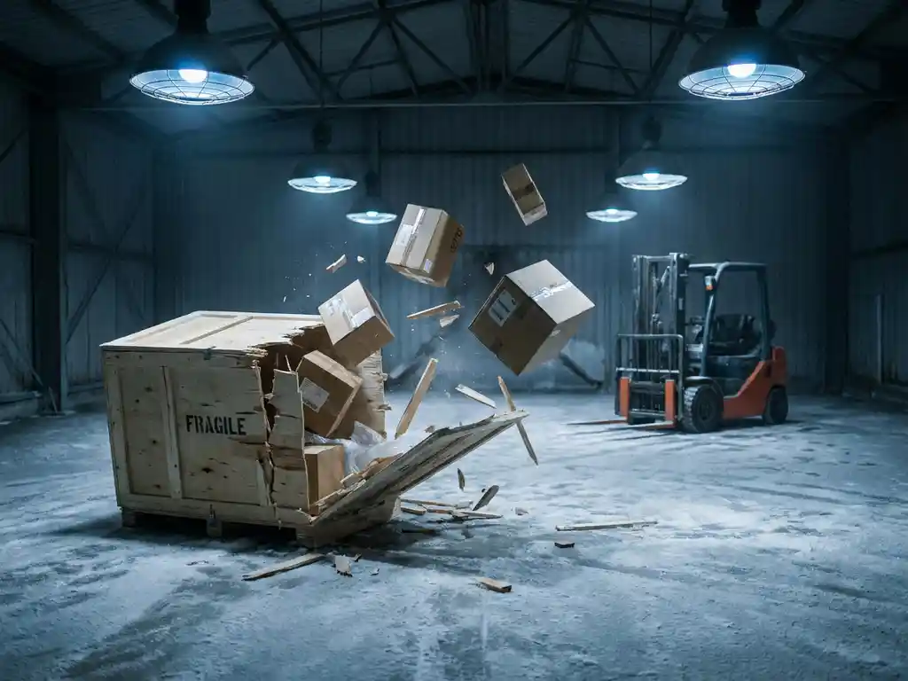 Fractured wooden shipping crate split open on a concrete warehouse floor, cargo boxes mid-fall, forklift halted in the background under cold industrial lighting.