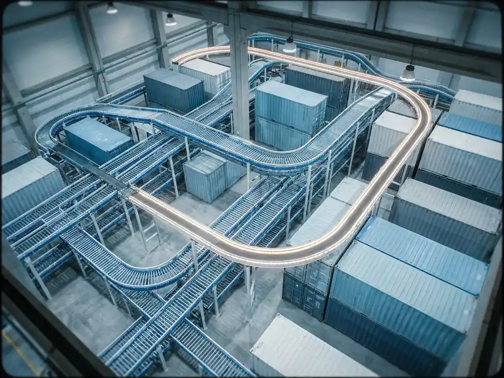 Overhead flat-lay of interconnected warehouse conveyor belts and cargo containers in ice-blue and white tones with a single illuminated logistics pathway.