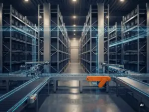 Automatisiertes Lager mit robotergesteuerten Fördersystemen und hoch aufragenden Lagerregalen, überlagert von einer blauen schematischen Darstellung eines digitalen Zwillings.