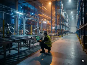 Ein Ingenieur, der auf einem Laptop Lagerablaufdiagramme überprüft, umgeben von automatisierten Förderbändern, Roboterarmen und hoch aufragenden Lagerregalen in einem großen Fulfillment-Center.