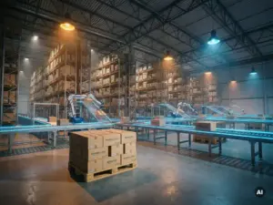 Automated pharmaceutical warehouse with robotic sorting arms, conveyor belts, and tall metal shelving, a pallet of medicine boxes in the foreground.