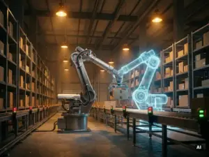 Robotic conveyor arm sorting packages in an automated warehouse with a blue digital twin overlay mirroring its motion among moving shelving units.