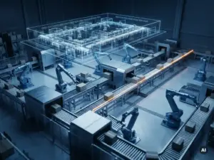 Automatisiertes Lager mit Roboterarmen und Förderbändern unter einer leuchtenden Blaupause, aufgenommen aus der Vogelperspektive in kühlen Marine- und Blautönen mit bernsteinfarbener Akzentbeleuchtung.