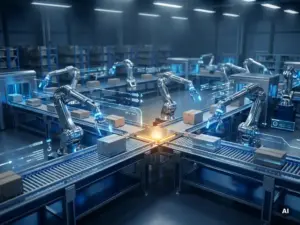 Automatisiertes Lager mit Roboter-Förderarmen, die Pakete entlang blau beleuchteter Bahnen sortieren, mit holografischen Datenflussanzeigen und einem bernsteinfarben hervorgehobenen aktiven Knotenpunkt.