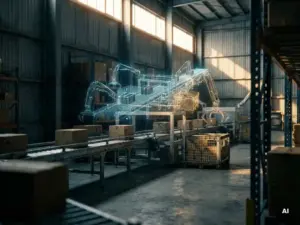 Automated warehouse with robotic conveyor systems and sorting arms, overlaid with a translucent digital wireframe twin hovering above the machinery.