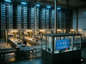 Automated warehouse with robotic sorting arms in motion, illuminated control station showing live metrics, and towering steel shelving under dramatic industrial lighting.