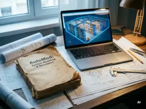 Ein abgenutztes „AutoMod“-Handbuch liegt offen neben einem Laptop, auf dessen Bildschirm eine 3D-Simulation eines Lagers zu sehen ist; daneben liegen Baupläne und Notizen auf einem Ingenieursschreibtisch.