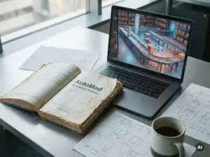 Ein abgenutztes AutoMod-Simulationshandbuch liegt offen neben einem Laptop, auf dessen Bildschirm ein 3D-Modell des Lagerablaufs zu sehen ist; daneben liegen technische Notizen und eine Kaffeetasse auf einem Ingenieursschreibtisch.