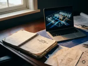 Ein abgenutztes „AutoMod“-Simulationshandbuch liegt offen neben einem Laptop, auf dessen Bildschirm ein 3D-Modell des Lagerablaufs zu sehen ist, auf einem Ingenieursschreibtisch mit technischen Ausdrucken.