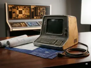 Ein verwittertes AutoMod-Terminal, dessen Stecker gezogen ist, steht neben einem leuchtenden, modernen Simulationsarbeitsplatz auf einem Schreibtisch, der mit Bauplänen für Lagerhallen übersät ist.