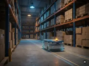 Autonomous mobile robot navigating a warehouse aisle with a digital twin path overlay on the concrete floor between towering shelving units.