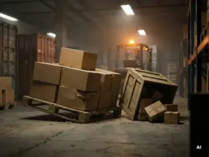 Fractured wooden shipping pallet collapsing under stacked cardboard boxes on a warehouse floor, spilled packages and amber forklift light in background.