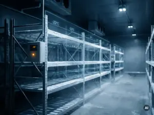 Mit Raureif überzogene Edelstahlregale in einem Kühlhaus, überlagert von einem blauen Digital Twin, der Temperaturzonen und kühlen Nebel in Bodennähe darstellt.