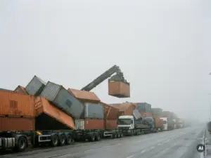 Ein überfüllter Seehafen mit ungleichmäßig gestapelten Containern, einem Kran, der mitten im Hubvorgang stehen geblieben ist, und Lastwagen, die sich entlang eines nebligen Industriehafens in einer Schlange aufreihen.