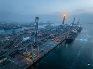 Luftaufnahme eines Containerhafens in der Abenddämmerung mit hoch aufragenden Kränen, Frachtschiffen und überlagerten digitalen Datenströmen in filmreifen Blautönen.