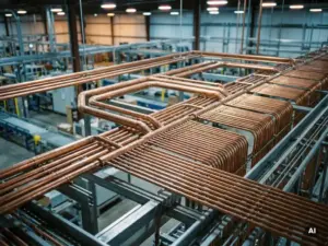 Copper pipes branching into parallel channels inside an industrial warehouse, with conveyor belts softly visible in the background under diffused ceiling light.