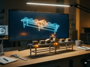 Jammed conveyor belt beside its glowing digital twin replica on a monitor in an engineering workspace, amber warnings and cool blue lighting.