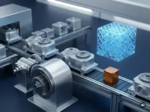 Miniatur-Fabrikförderanlage mit präzisionsgefertigten Metallteilen neben einem durchscheinenden blauen Digital-Twin-3D-Modell, mit einem leuchtend orangefarbenen Akzentteil.