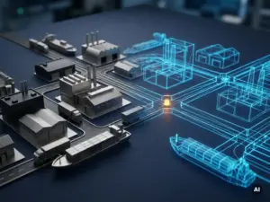 Miniaturisiertes Lieferkettennetzwerk mit Lagerknoten und Fabrikmodellen, wobei die Hälfte aus Modellen im realen Maßstab besteht und die andere Hälfte in die blaue Drahtgittergeometrie des digitalen Zwillings übergeht.