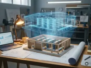 Glowing 3D digital twin warehouse model hovering above a physical scale model on an engineer's desk with technical printouts and laptop.