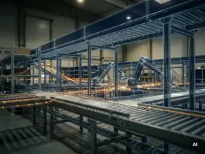 Digital wireframe overlay mapped onto a warehouse interior, with conveyor belts and robotic sorting arms visible through both virtual and physical layers.