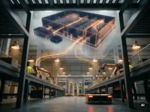 Glowing digital twin of a warehouse materializing above a fulfillment center floor with conveyor belts, robotic sorters, and amber data stream light trails.