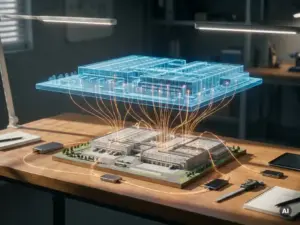 Ein leuchtender digitaler Zwilling einer Lagerhalle schwebt über einem physischen maßstabsgetreuen Modell, wobei bernsteinfarbene Datenströme die virtuelle und die physische Ebene miteinander verbinden.