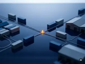Maßstabsgetreues Modell eines globalen Vertriebsnetzes mit Miniaturlagern, Versandcontainern und Frachtrouten; ein bernsteinfarbener Knotenpunkt markiert einen entscheidenden Entscheidungspunkt.